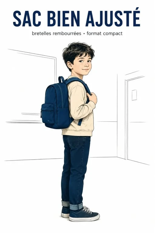 Sac à dos école primaire porté par un enfant de primaire, format compact bien ajusté