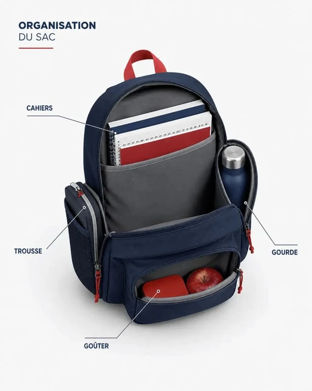 Sac à dos école primaire ouvert avec cahiers, trousse et gourde rangés de façon organisée