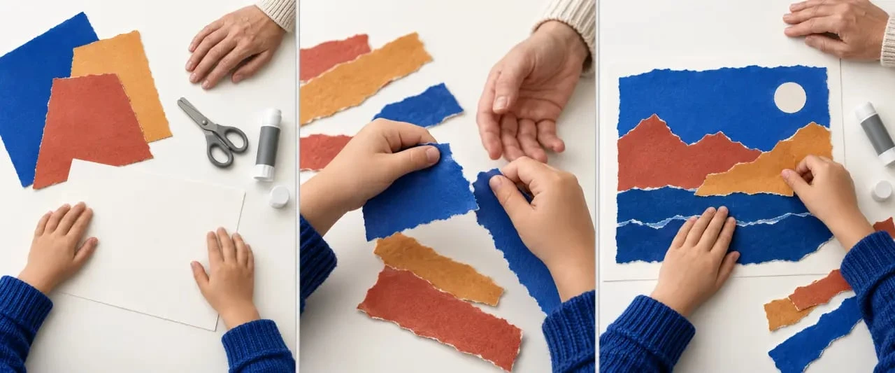 Activités manuelles enfants : paysage en papiers déchirés en trois étapes