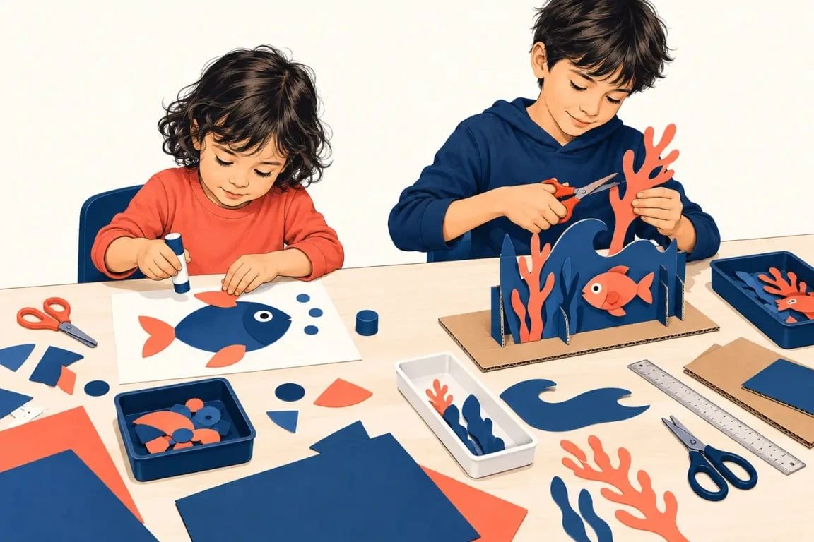 Activités manuelles enfants adaptées à plusieurs âges lors d’un atelier créatif