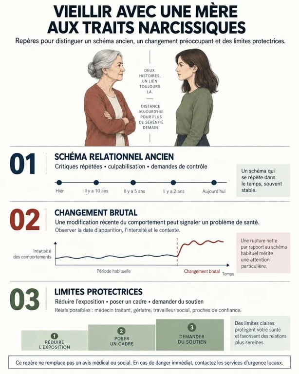 Infographie expliquant comment vieillit une mère narcissique et comment distinguer ancien schéma relationnel et problème de santé