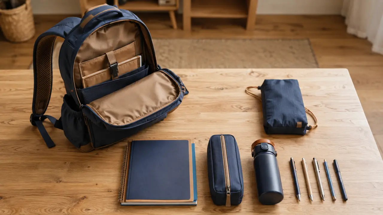 Sac à dos école primaire compact, organisé sur table