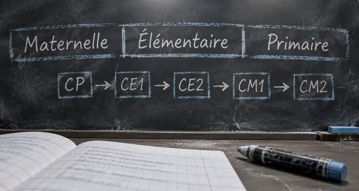 École élémentaire et primaire : cahier et craie, CP à CM2
