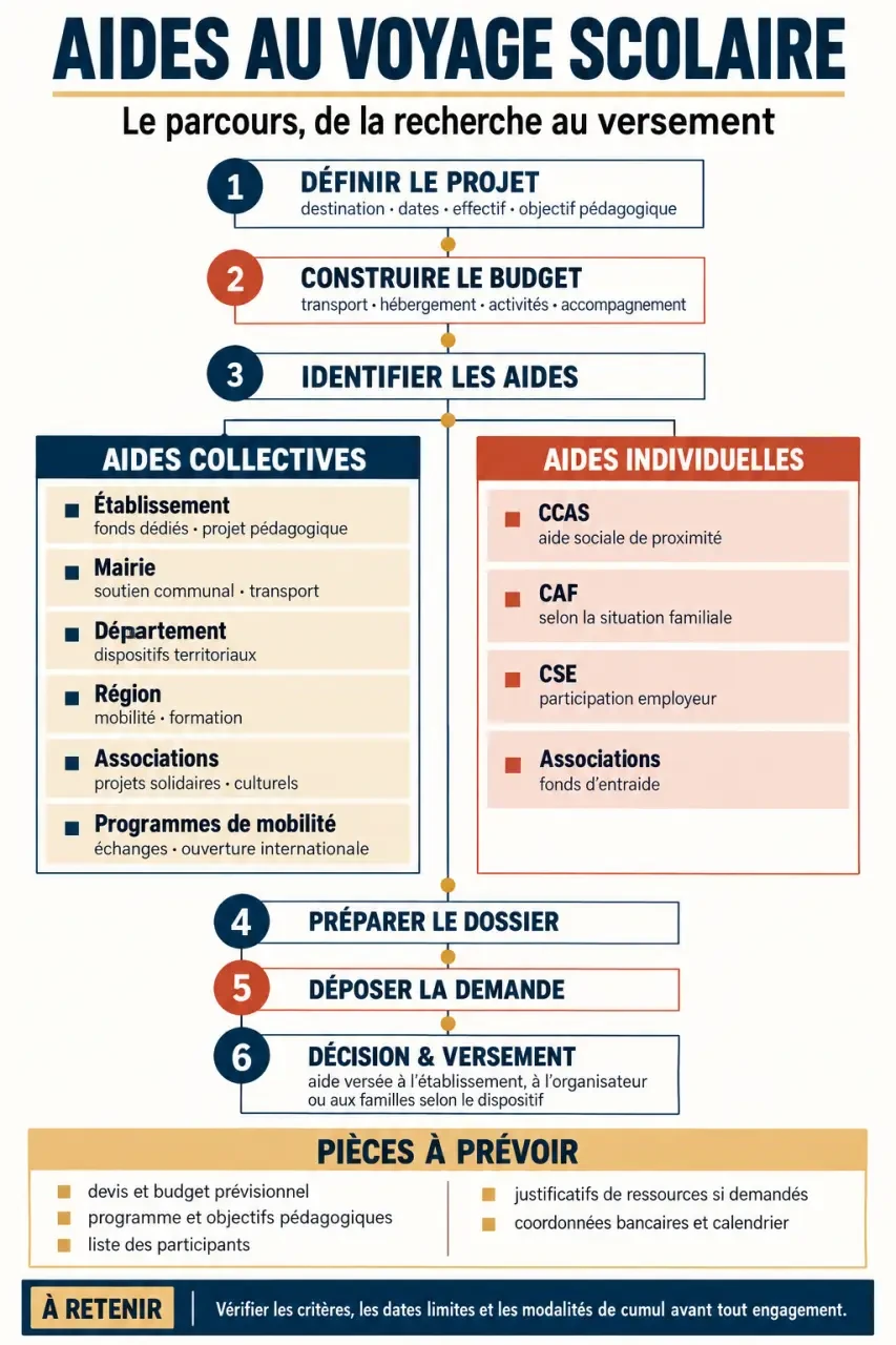 Infographie sur les aides au voyage scolaire et les principaux financeurs