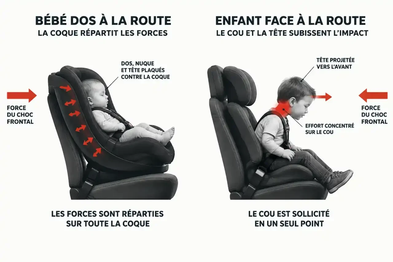 Schéma comparant un bébé dos à la route et face à la route lors d'un choc frontal, pour comprendre quand passer bébé face à la route