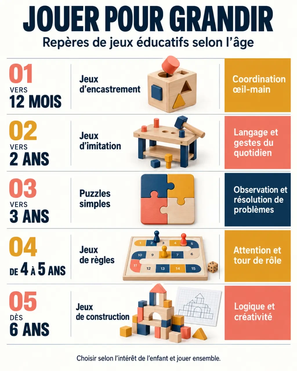 Infographie des jeux éducatifs pour enfants selon l'âge et les compétences exercées