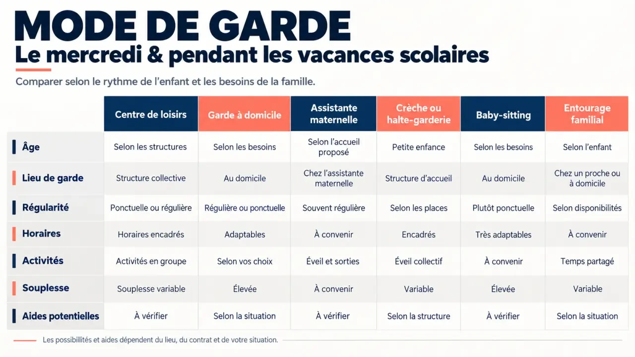 Infographie sur le mode de garde mercredi et vacances scolaires selon l’âge, les horaires et la souplesse