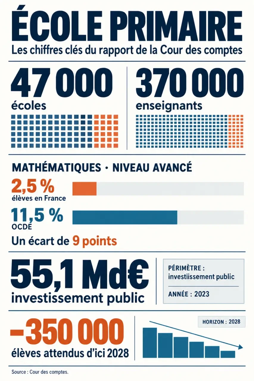 Infographie sur la cour des comptes école primaire : chiffres clés, résultats en mathématiques et financement