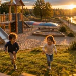 Parc de la Villette activités enfants : deux enfants courent près de l’aire de jeux en bois et acier, golden hour